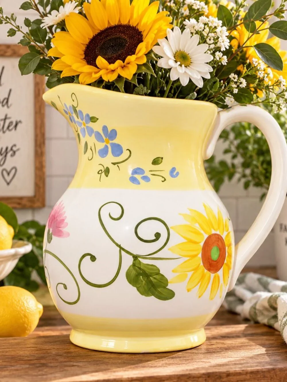 🌻 Hand-Painted Sunflower & Floral Ceramic Farmhouse Cottage Pitcher